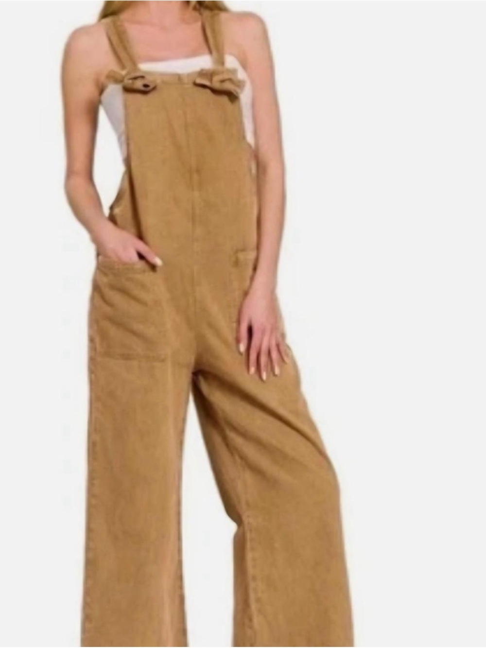 Zenana Outfitters Tan Wide-Leg Corduroy Overalls